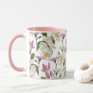 Taza Violetas rosadas tropicales margaritas y lirios fl