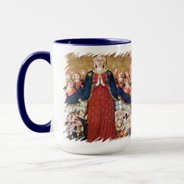 Taza Virgin Mary Mercy Under Her Mantle Catholic Memi (Izquierda)