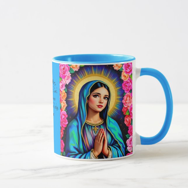 Taza Virgin Mary Prayer Rosa Café Azul Floral (Derecha)