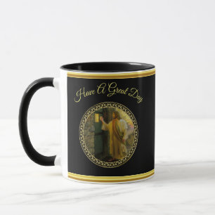 Taza Visita al amanecer Jesús tocando una puerta rústic