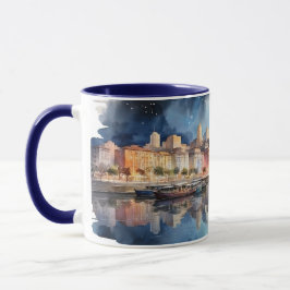 Taza Vista nocturna de la ciudad acuática con el lago, 