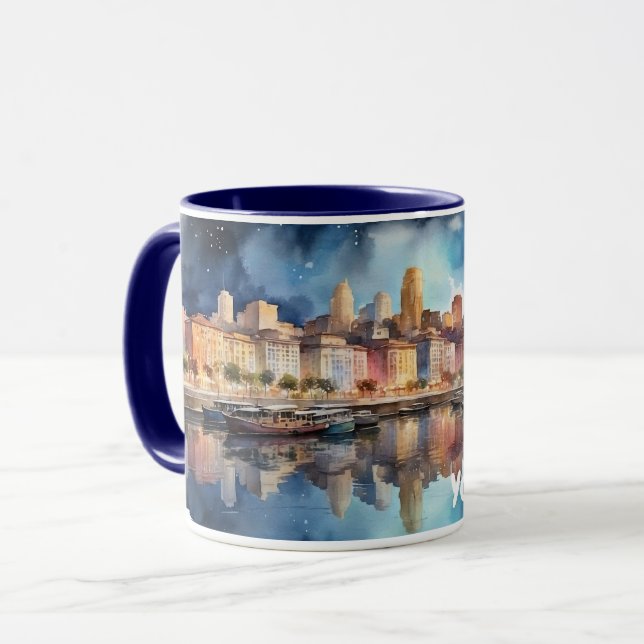 Taza Vista nocturna de la ciudad acuática con el lago,  (Anverso izquierdo)