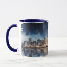 Taza Vista nocturna de la ciudad acuática con un lago
