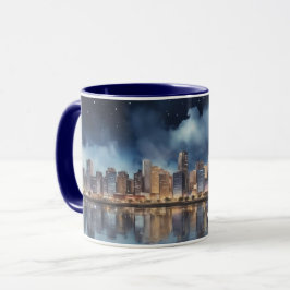 Taza Vista nocturna de la ciudad acuática con un lago