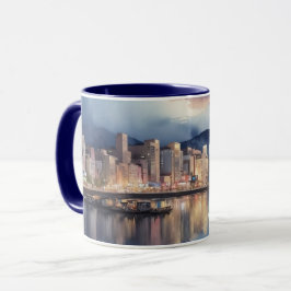 Taza Vista nocturna de la ciudad acuática río y barco p
