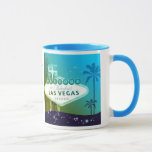 Taza Viva Las Vegas, regalo de Boda azul cian<br><div class="desc">Glamoroso cartel de las Vegas, siluetas de palmeras, brillantes estrellas y fondo azul cian ilustrado en el personalizado Mugs. Todo el texto de ejemplo puede ser totalmente personalizado con su propia redacción. También puede cambiar los colores, tipos de letra y tamaños del texto. (Comuníquese con ujean4791@gmail.com para obtener información sobre...</div>