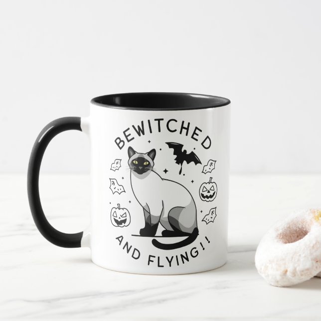 Taza Vuelo con brujas: el gato siamés encantado (Con donut)