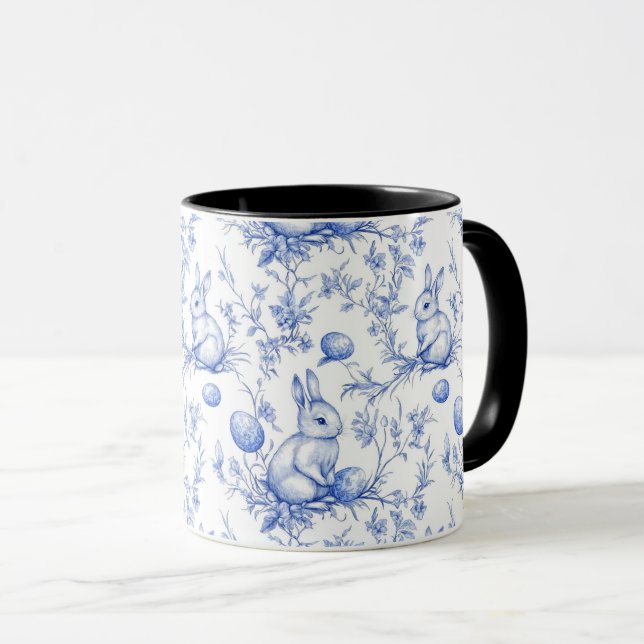 Taza Watercolor Blue Toile De Jouy Easter Bunny (Anverso derecho)