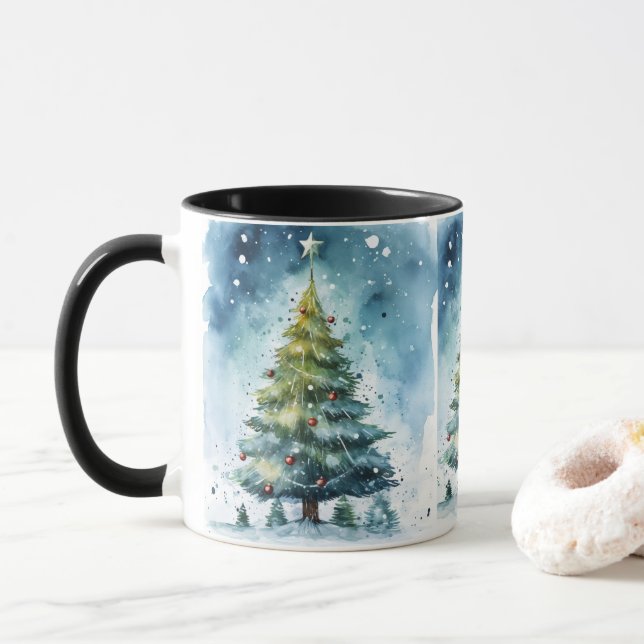 Taza Watercolor Christmas Tree Winter Wonderland Holida (Con donut)