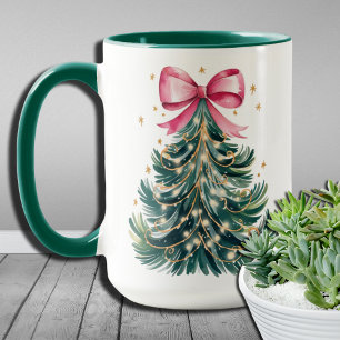 Taza Watercolor Coquette Bow Purpurina Christmas Tree