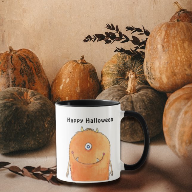 Taza Watercolor Cute Monster Feliz Halloween (Happy Halloween Mug with watercolor cute orange  monster design)