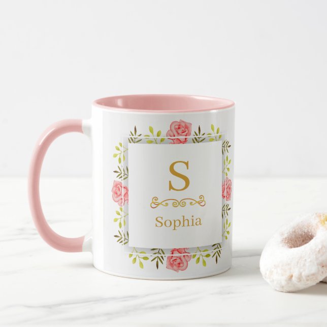 Taza Watercolor Floral Monogram I Custom Gold Initial (Con donut)
