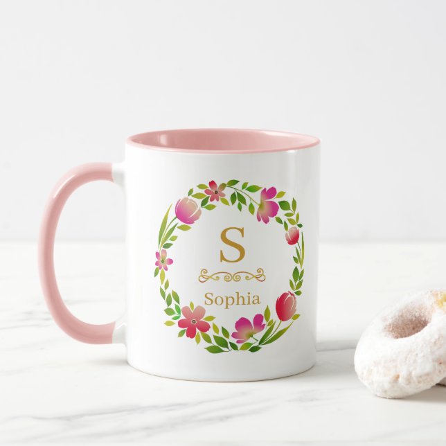 Taza Watercolor Floral Monogram I Custom Gold Initial (Con donut)