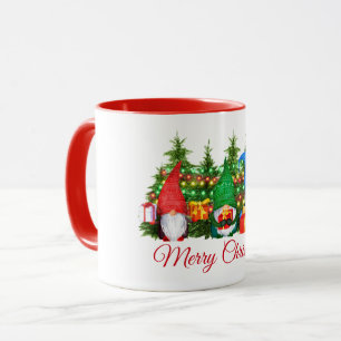Taza Watercolor Gnomes Merry Christmas Lights Red