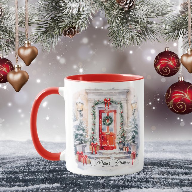 Taza Watercolor Merry Navidad Puerta Roja Elegante (Subido por el creador)