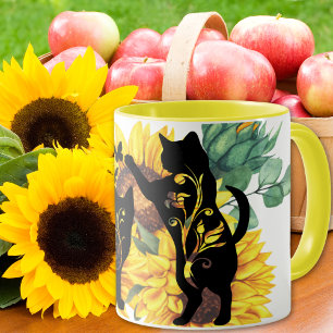 Taza Watercolor Sunflower Bouquet Cat Floral Silhouette