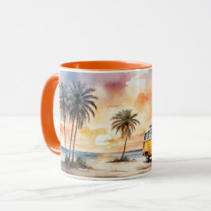 Taza Watercolor Sweet Sunset Beach and Vintage Bus Mug