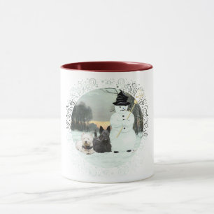 Taza Westie y Scottie construyen un muñeco de nieve