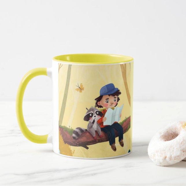 Taza Whimsical Adventure – Boy and Raccoon in the Fores (Con donut)