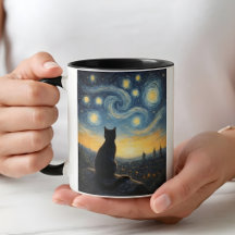 Whimsical Black Cat & Swirling Sky Art Coffee Cup