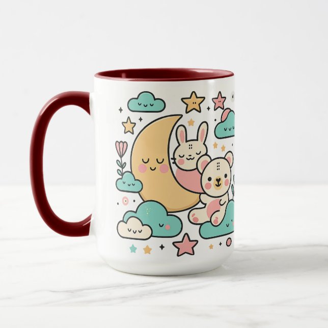 Taza Whimsical Bunny and Bear Under Moon Illustration (Izquierda)