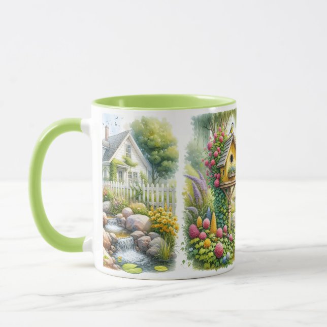 Taza Whimsical Cottage Garden Birdhouse Stream (Izquierda)