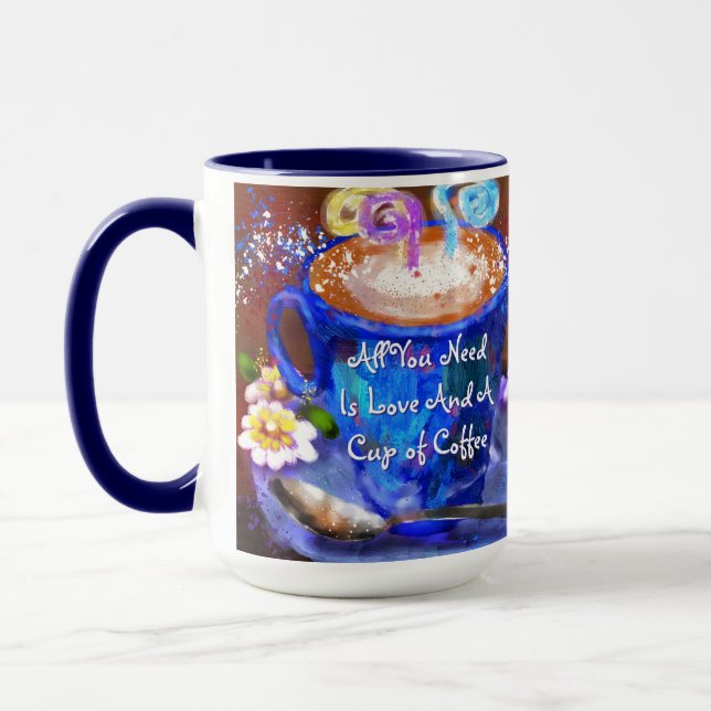 Taza Whimsical Cup of Coffee Floral Flowers Love Blue (Izquierda)