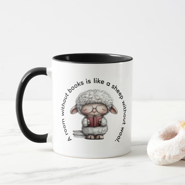 Taza Whimsical Cute Sheep Reading a Book (Con donut)