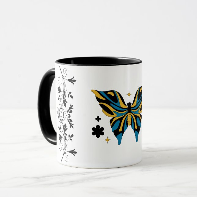 Taza Whimsical Fluttering – Blue Butterfly Floral Art (Anverso izquierdo)