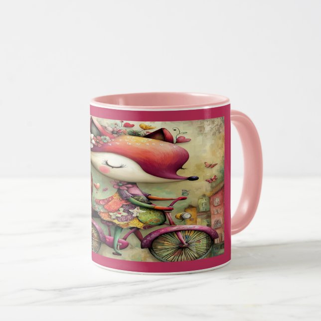 Taza Whimsical Fox on Bicycle Floral Magic Mug (Anverso derecho)