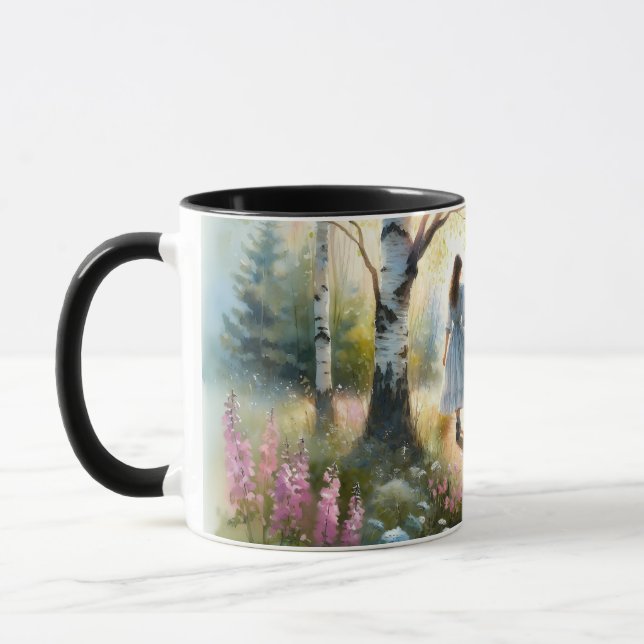Taza Whimsical Girl Dancing Through Birch Forest (Izquierda)