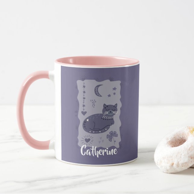 Taza Whimsical Night Cat Folk Art Custom Mug (Con donut)