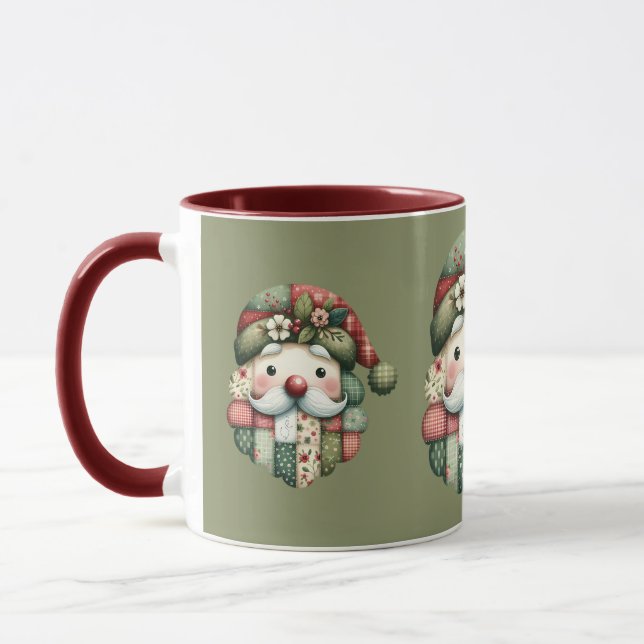 Taza Whimsical Patchwork Santa Folk Christmas (Izquierda)