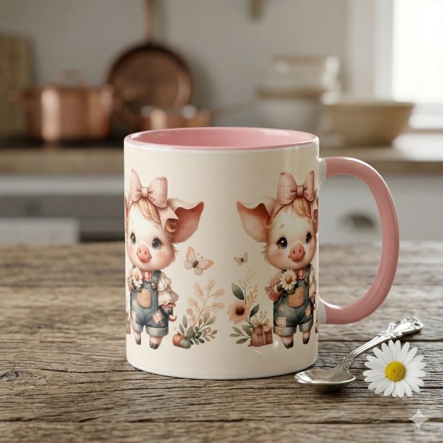 Taza Whimsical Piglet in Pastel Overalls Peach (Whimsical Piglet in Pastel Overalls Peach Mug)