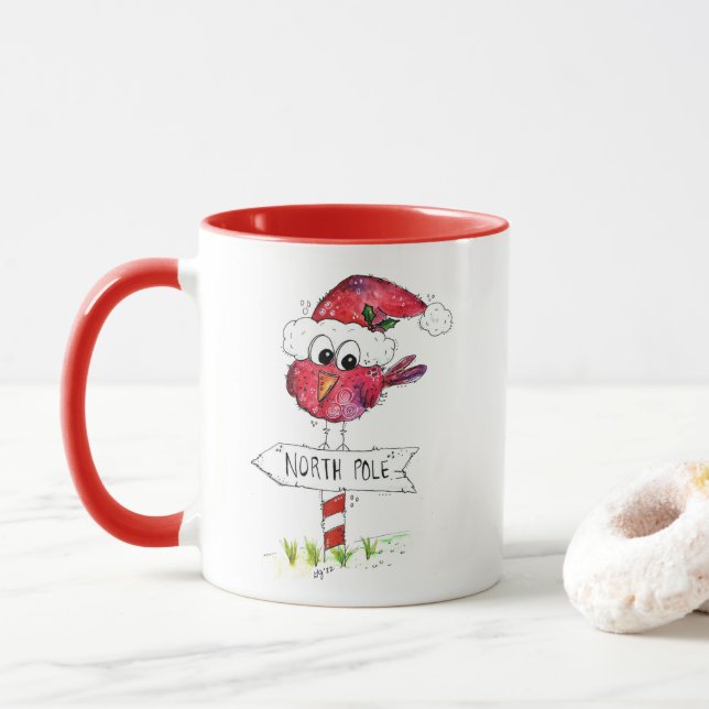 Taza Whimsical Red Navidad Bird (Con donut)
