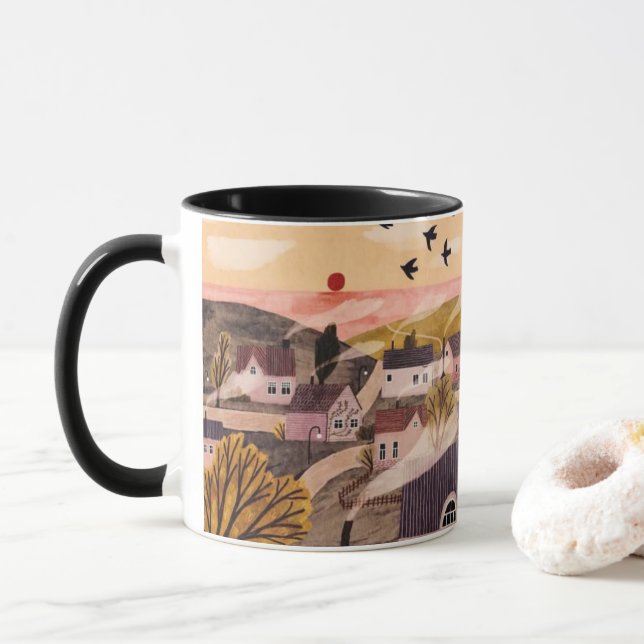 Taza Whimsical Sunset Village Mug (Con donut)