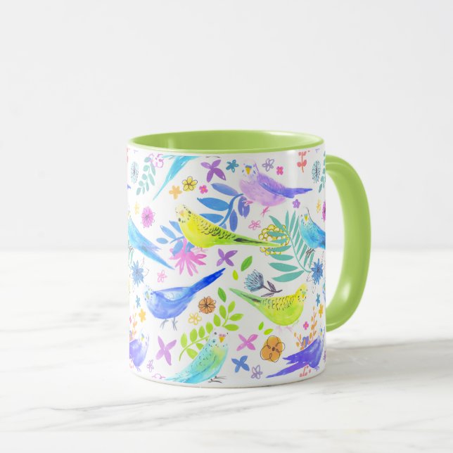 Taza Whimsical Watercolour Budgie Parakeets (Anverso derecho)