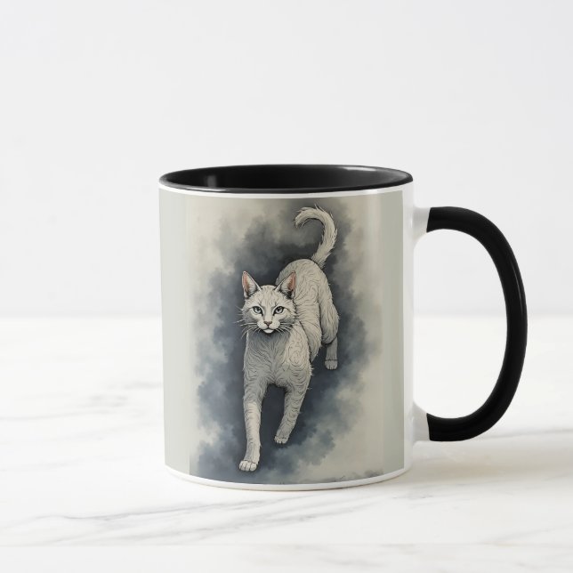 Taza White Cat in a Chinese Ink Drawing Style (Derecha)