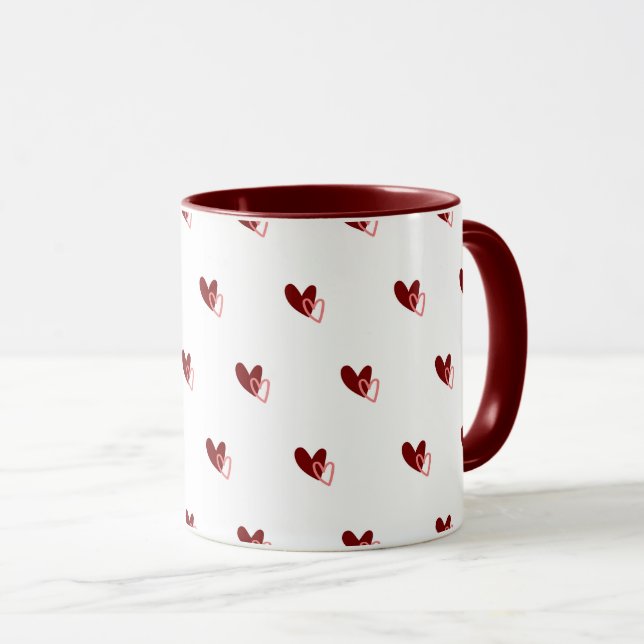 Taza  White Mug – Dark Red Hearts Pattern (Anverso derecho)