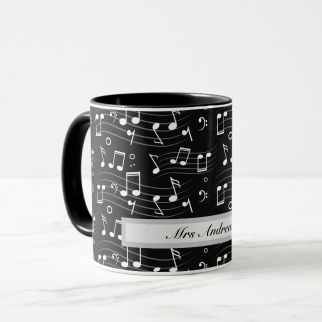 Taza White music notes on black background  (Anverso izquierdo)