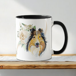 Taza White Rose Bouquet Collie Dog Mug