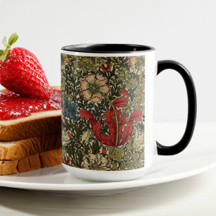 Taza William Morris Elegante Patrón Floral Verde Rojo