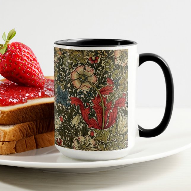 Taza William Morris Elegante Patrón Floral Verde Rojo (Subido por el creador)