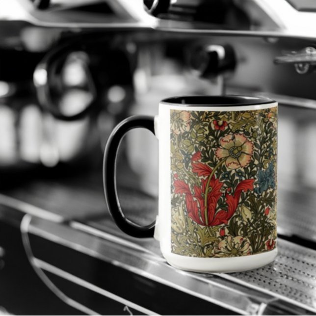 Taza William Morris Elegante Patrón Floral Verde Rojo (Subido por el creador)