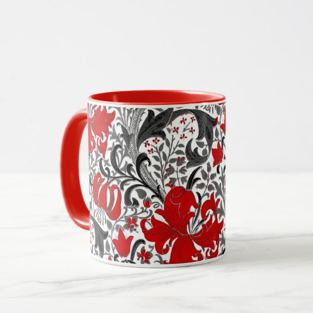 Taza William Morris Iris y Lily, Negro, Blanco y Rojo (Anverso izquierdo)