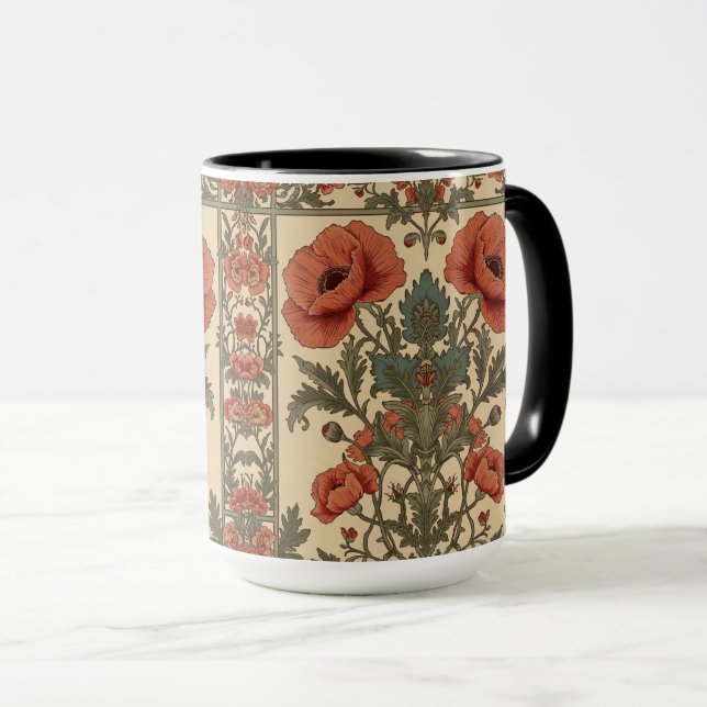 Taza William Morris Poppies Floral Art Nouveau Pattern  (Anverso derecho)