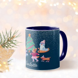 Taza Winter Dogs Ice Skating Dark Blue Navidades Nombre