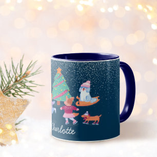 Taza Winter Dogs Ice Skating Dark Blue Navidades Nombre