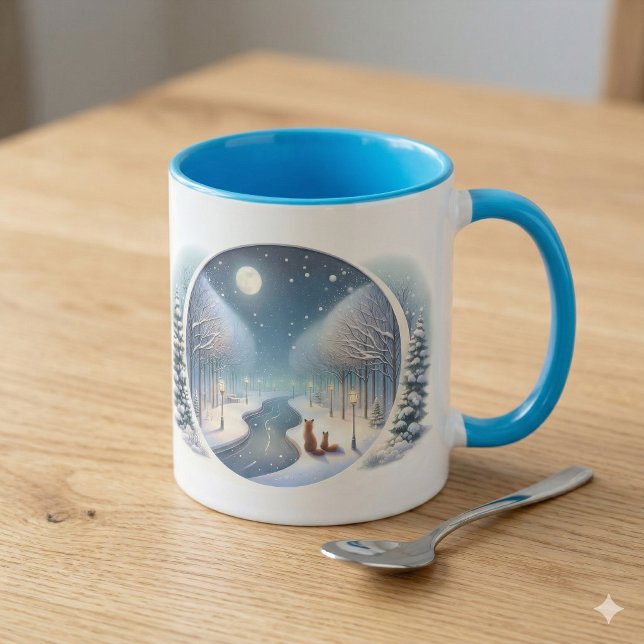 Taza Winter Foxes by Moonlit Snowy River (Winter Foxes by Moonlit Snowy River Mug)