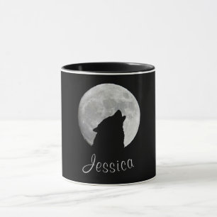 Taza Wolf Howling en la luna llena, tu nombre